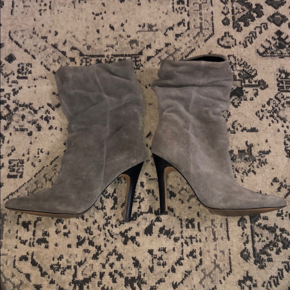 Slouchy gray high heeled boots